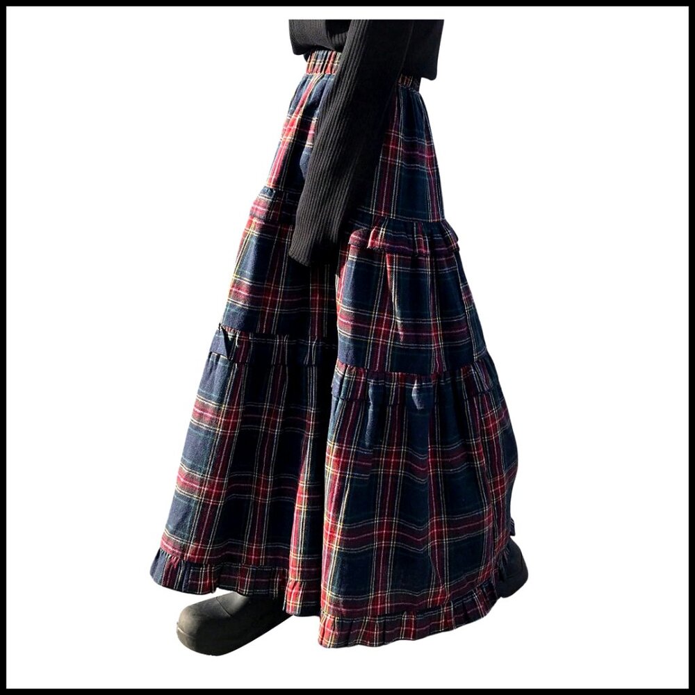 Plaid Maxi Skirt Elastic High Waist Tiered Ruffle A-Line Flowy Long